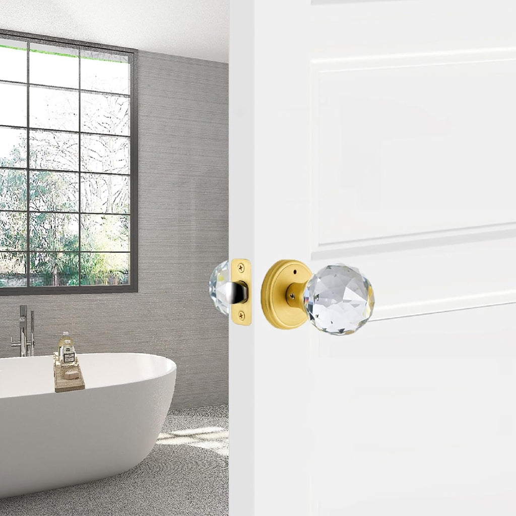 Crystal Glass Door Knobs Interior with Lock, Privacy Bathroom Bedroom Door Knobs Gold Door Knob, Satin Brass