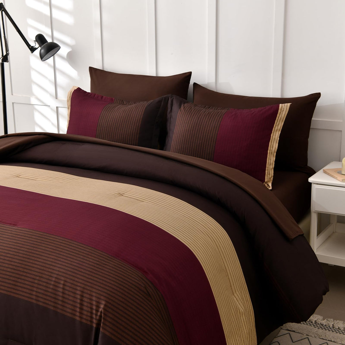 Red and Brown Comforter Set, Boho Burgundy Striped Bedding Comforter Set 7 Piece Bed in a Bag, Soft