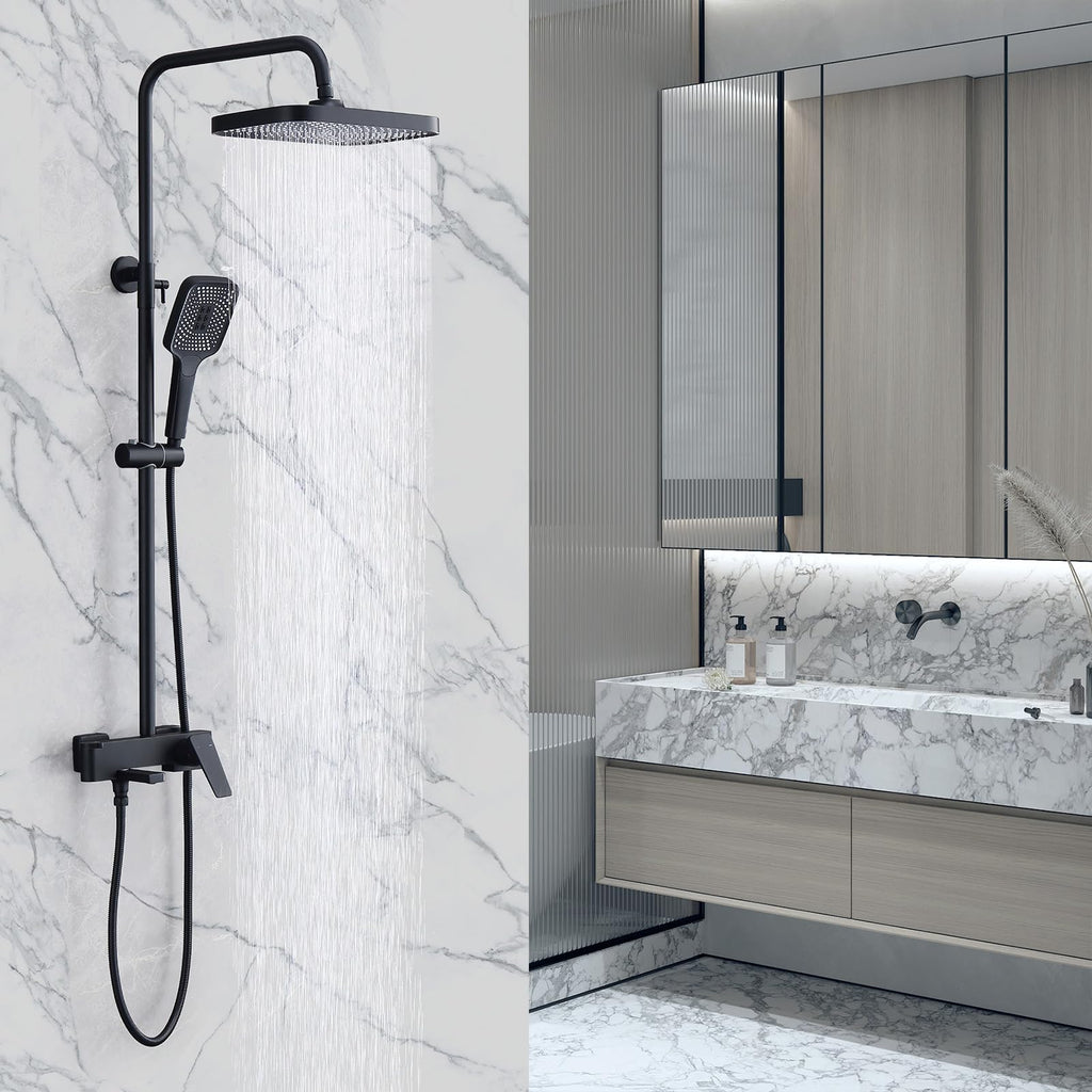 Shower Systems with 12 x8 Inches Rain Shower Head, Matte Black Exposed Pipe Shower System,3 Functions Tub Shower