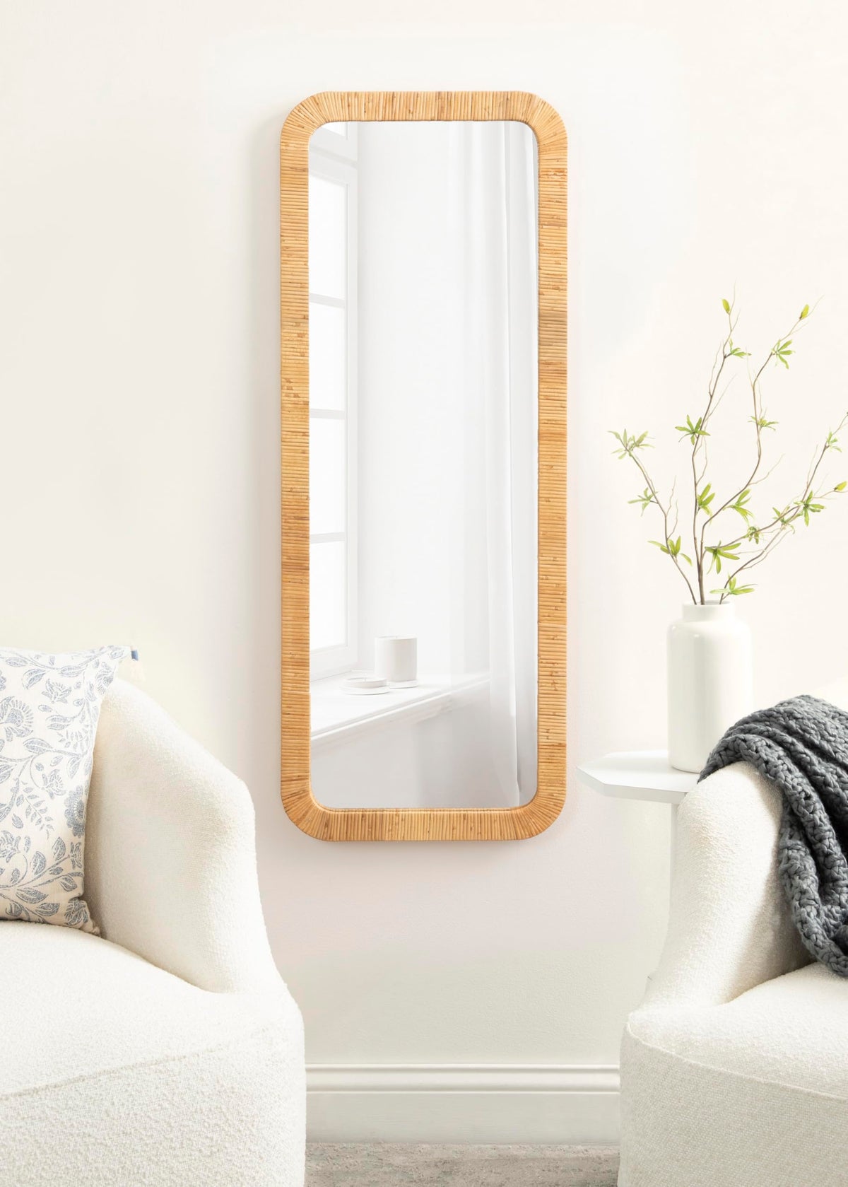 Rahfy Boho Rectangle Rattan Wall Mirror; 18 x 48; Natural Wood; Decorative Rounded Rectangular Full-Length Mirror