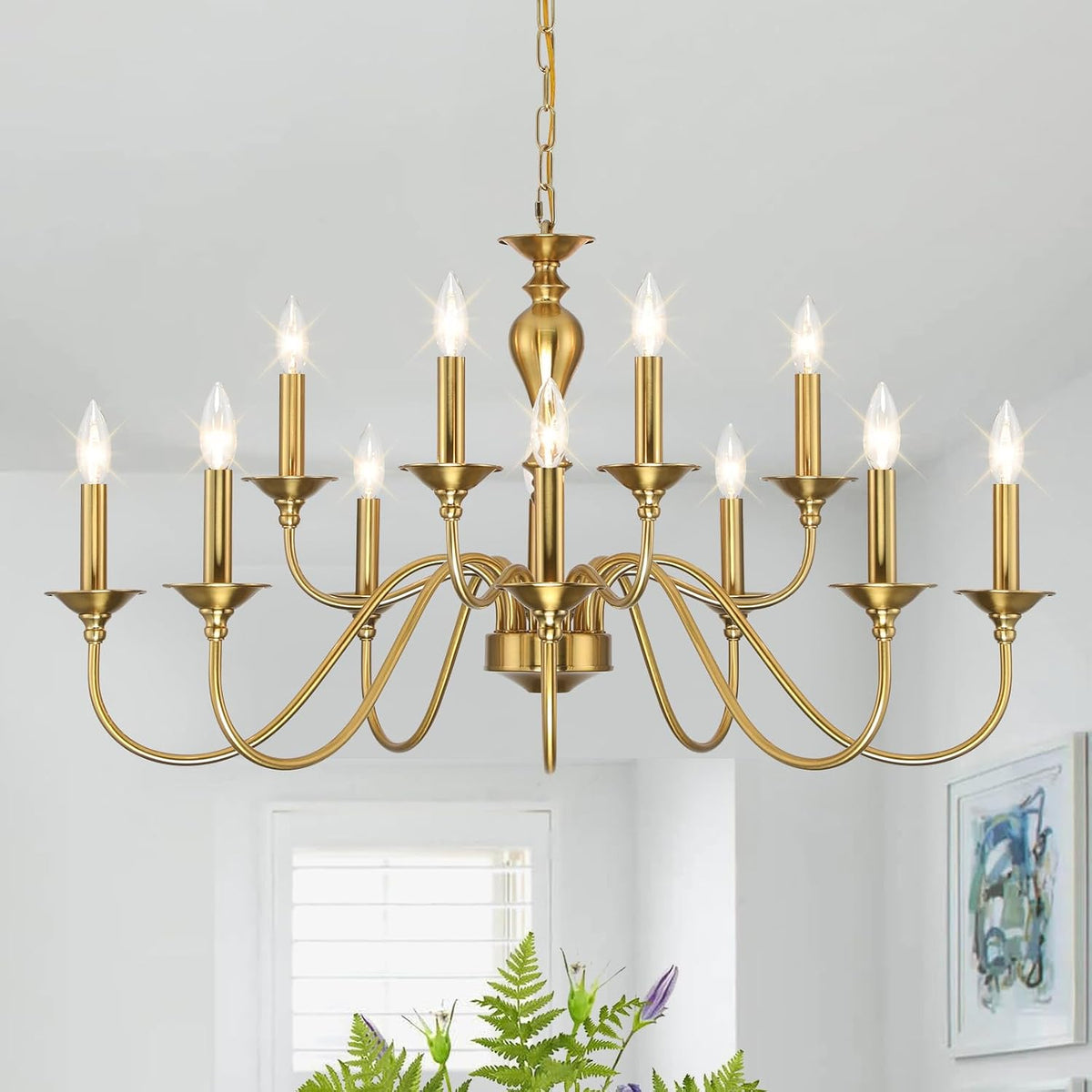 Twelve-Light Gold Farmhouse Chandelier for Dining Rooms and Foyers