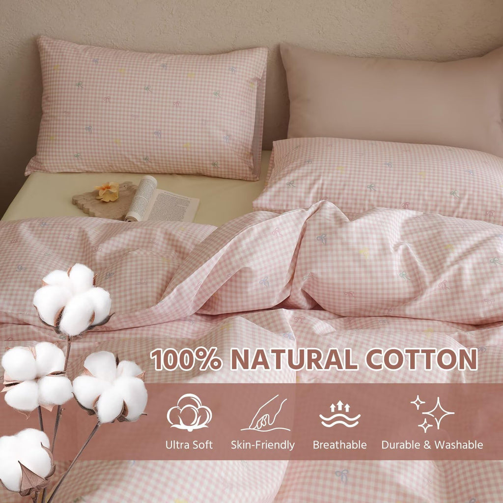 Pink Gingham Cotton Duvet Cover 3 Pcs, 100% Cotton Duvet Cover with 2 Pillowcases, Rustic Aesthetic