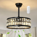 19" Black Flush Mount Caged Crystal Ceiling Fan with Light & Remote