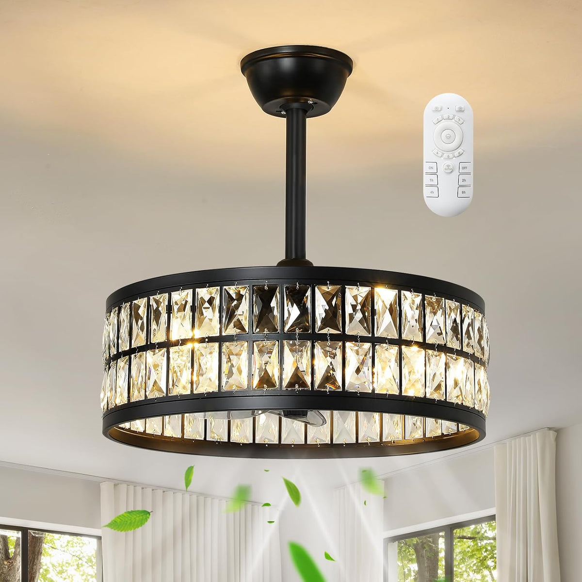 19" Black Flush Mount Caged Crystal Ceiling Fan with Light & Remote