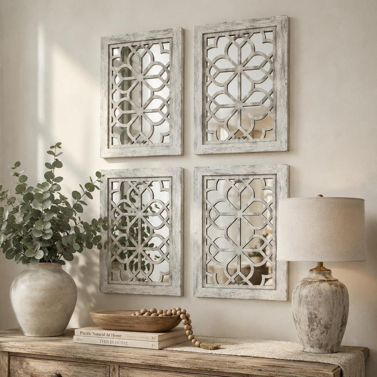 Set of 4 11x15 Inch Rectangular Shatterproof Grey Decorative Wall Mirrors, Boho Farmhouse Rustic Vintage Accent