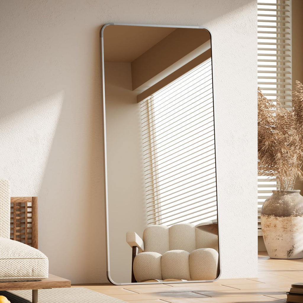 71" x 26" Rounded Corner Full Length Mirror with Stand, Silver