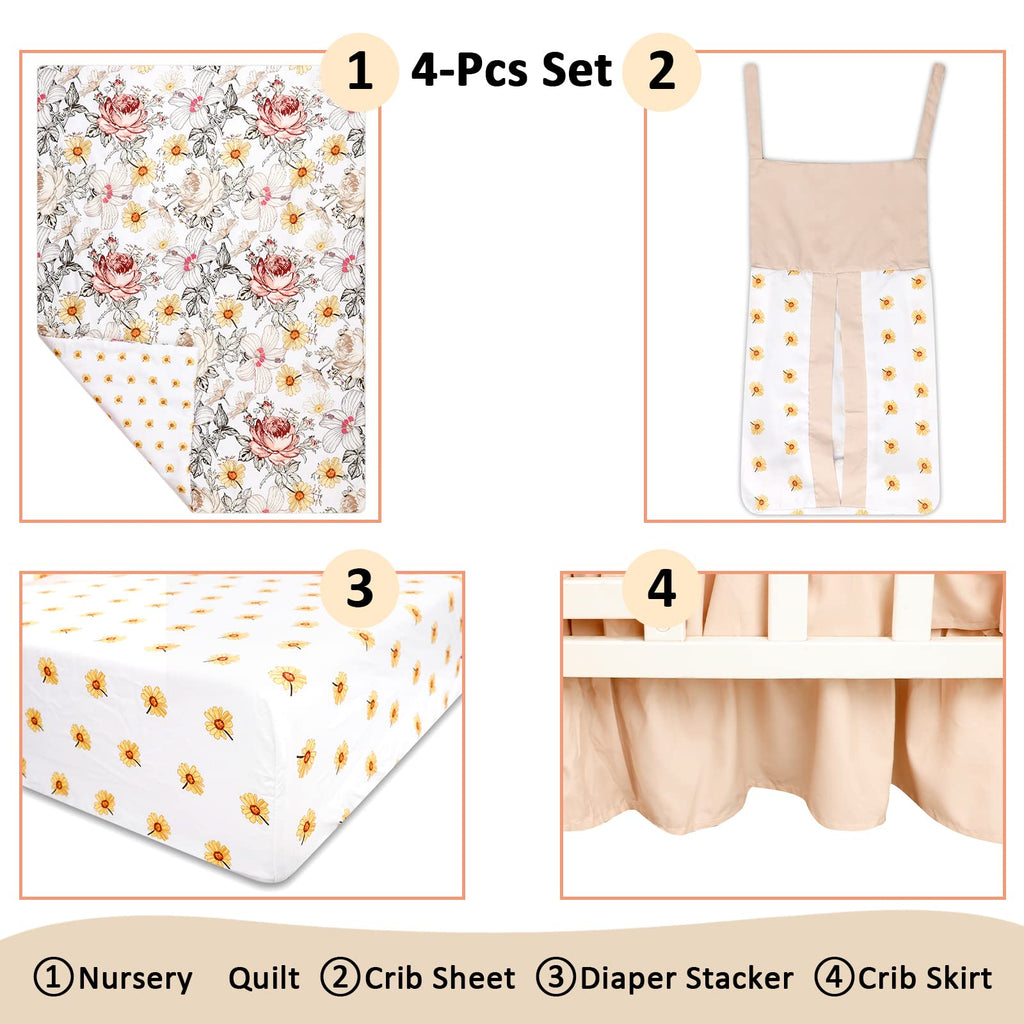 4-Piece Crib Bedding Set for Girls, Boho Baby Girl Bedding Set with Crib Skirt, Baby Quilt, Crib Sheet and Diaper