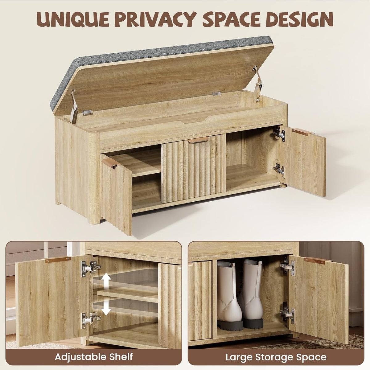 37.4" W Shoe Bench with Storage, Lift Top Entryway Bench, Natural | 2-Tier Adjustable Shoe Rack with Cushioned Seat