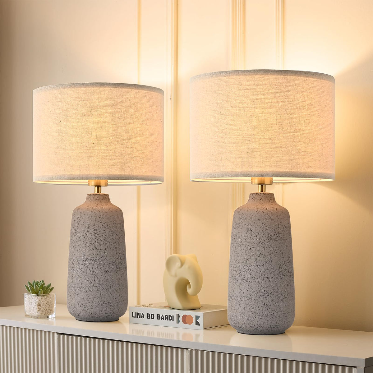 Earth Brown Ceramic Table Lamp Set of 2 Tall 22in Lamps End Table Bedroom Farmhouse Rustic Lamp Set Bedside