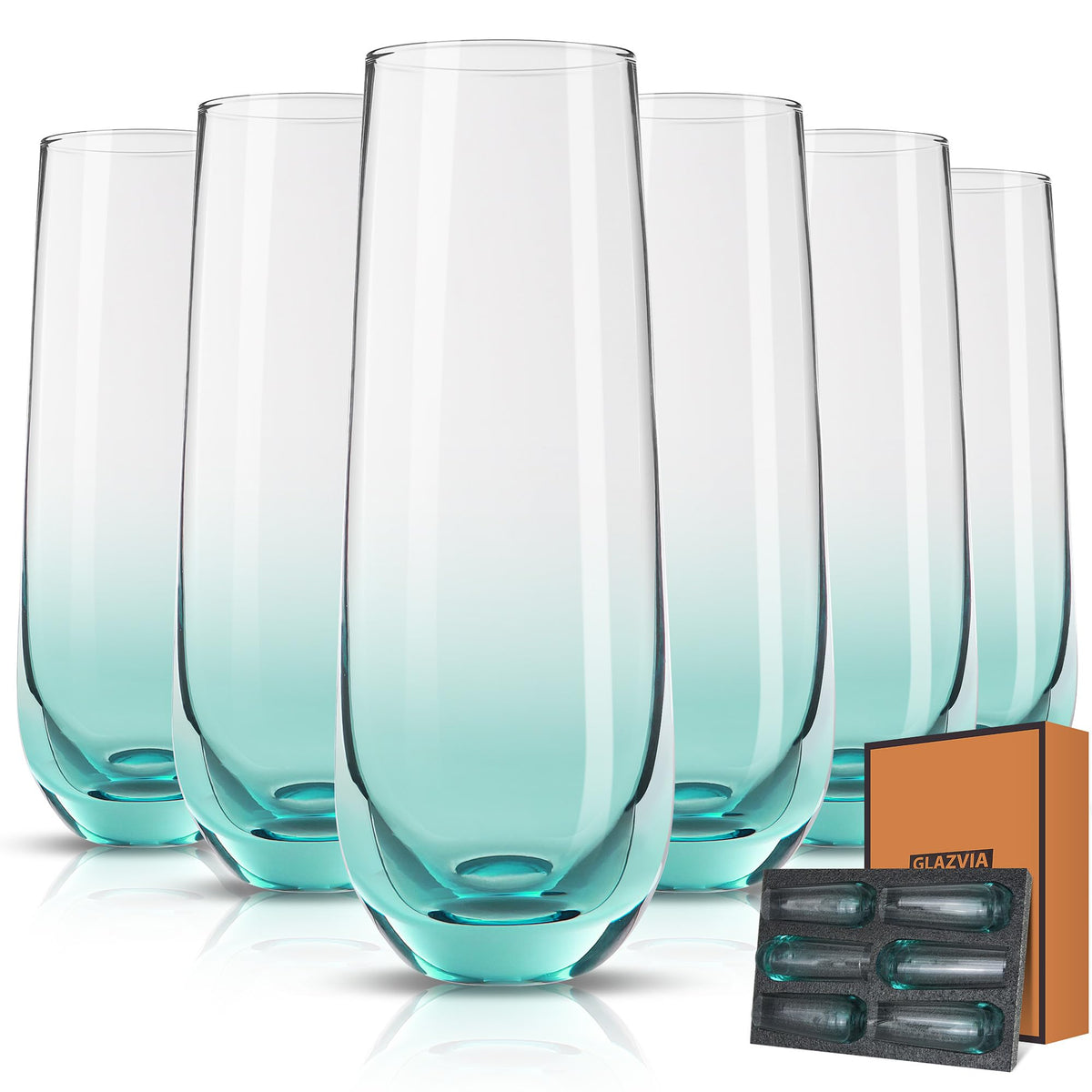 Stemless Champagne Flutes Glasses Set of 6, Elegant Green colored
