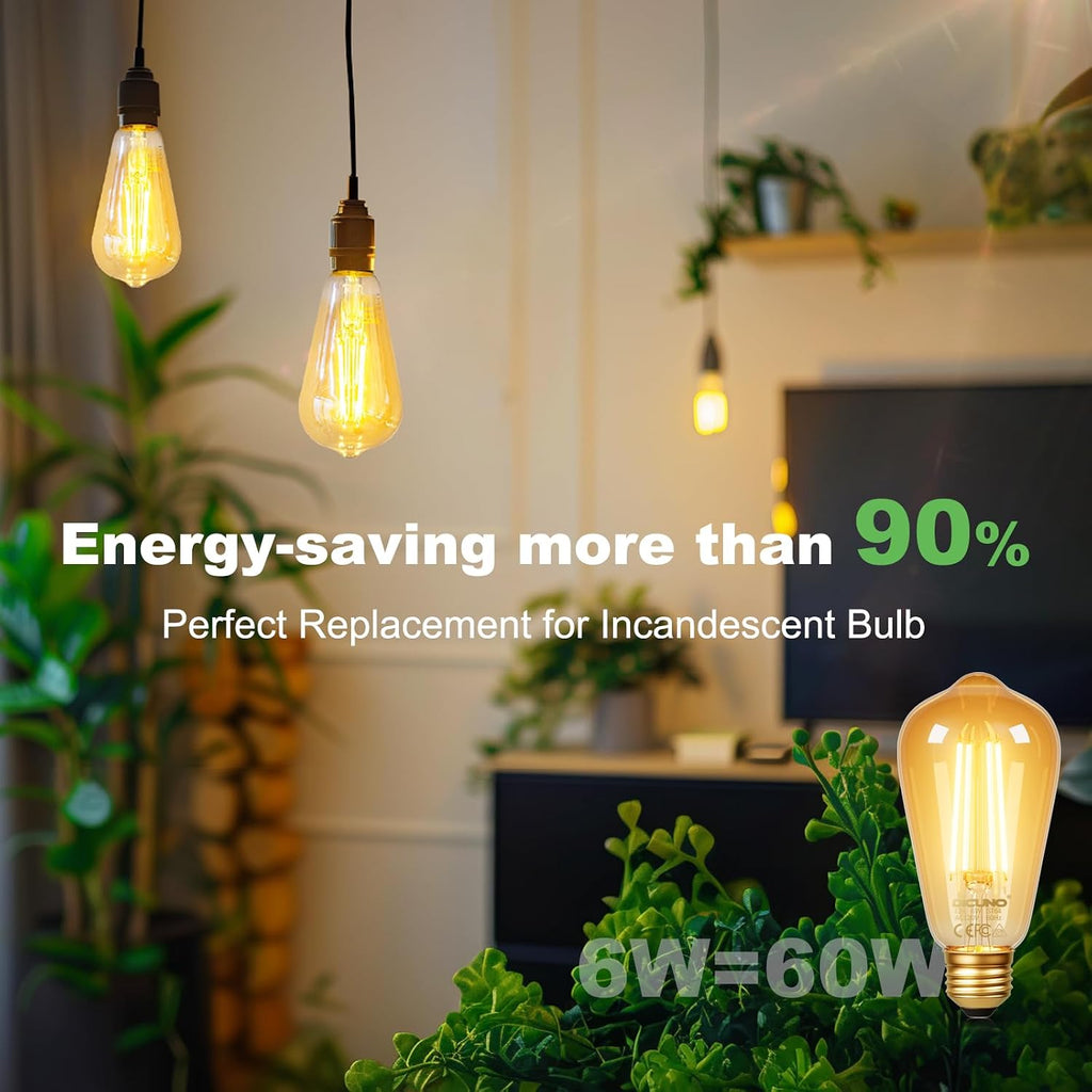 E26 Edison Bulbs 60W, 2200K Amber Warm, Amber Glass, 600LM, 6-Pack