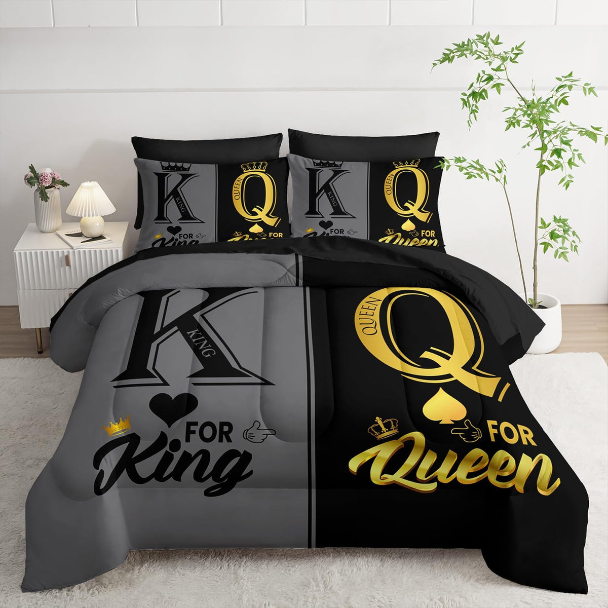 King and Queen Crown Comforter Set Black and Gray Couple Bedding Set,7Pcs Mr Mrs Comforter Set for Adults Couple Men - Set of 7