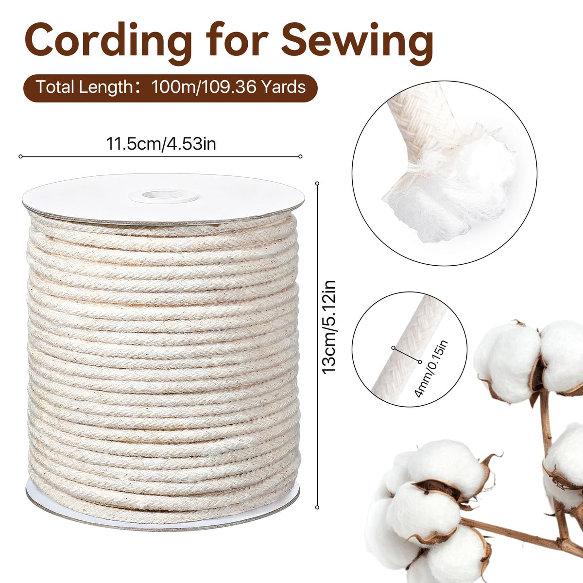 M (5/32") Piping Cord for Sewing, 109 Yards Soft Cotton Welt Cord, Beige Braided Cording for Sewing Pillows - 4m