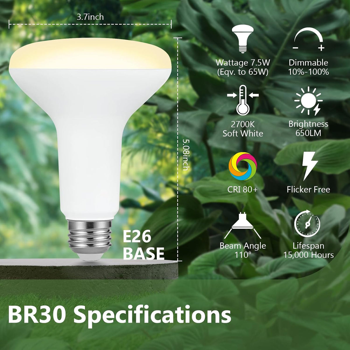 BR30 Indoor LED Flood Bulbs for Recessed Cans, 7.5W (65W Replacement), 650LM, Soft White 2700K, Smooth Dimming, CRI