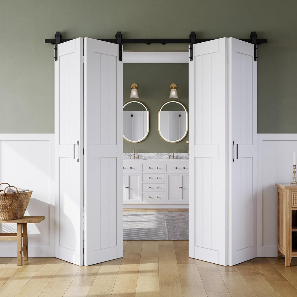 Bifold Barn Door 60" x 84", MDF Bi-Fold Sliding Closet Doors with Hardware Kit Included, Pre-Finished Easy Assembly, Water-Proof PVC Surface & Save Space, H-Frame, 68" Track for 4 Doors,White
