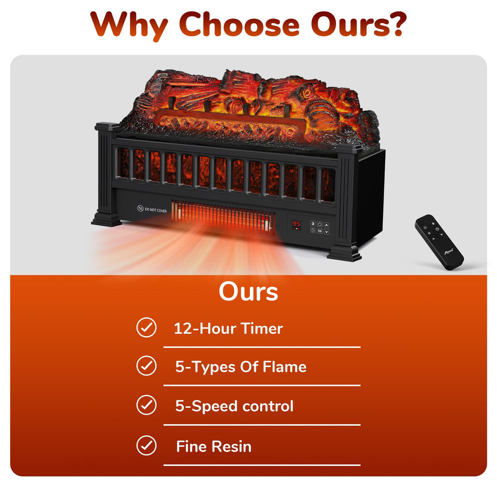 20" Electric Fireplace Logs Heater Insert with Remote Home Decor Christmas