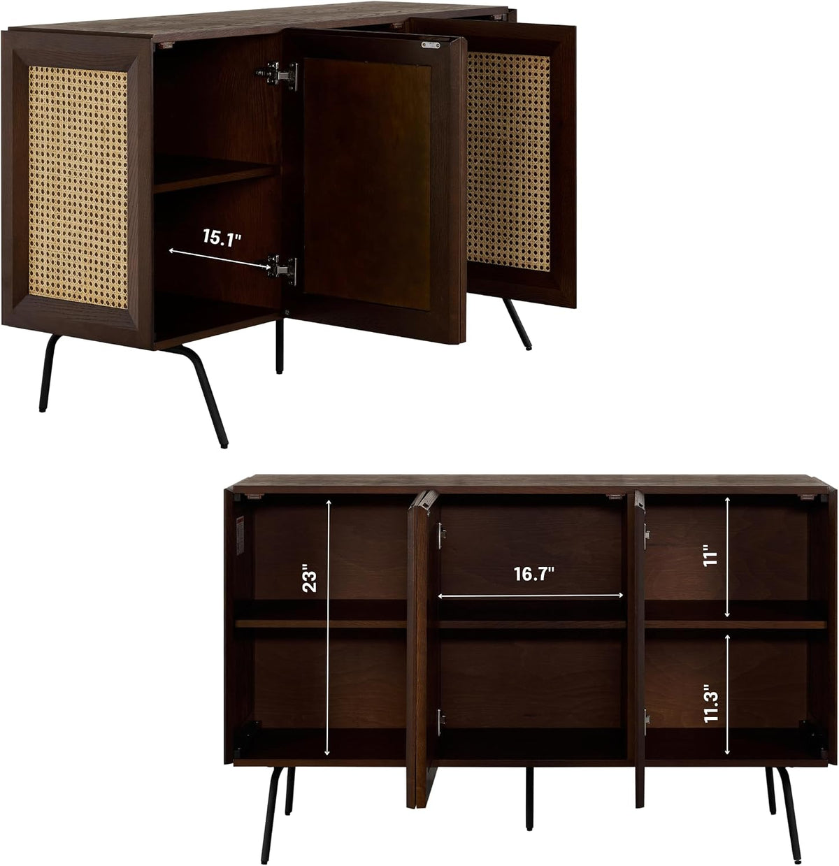 Modern Sideboard with 3 Doors, Natural Rattan Storage Cabinet, Buffet with Metal Legs, Boho Accent Cabinet , and