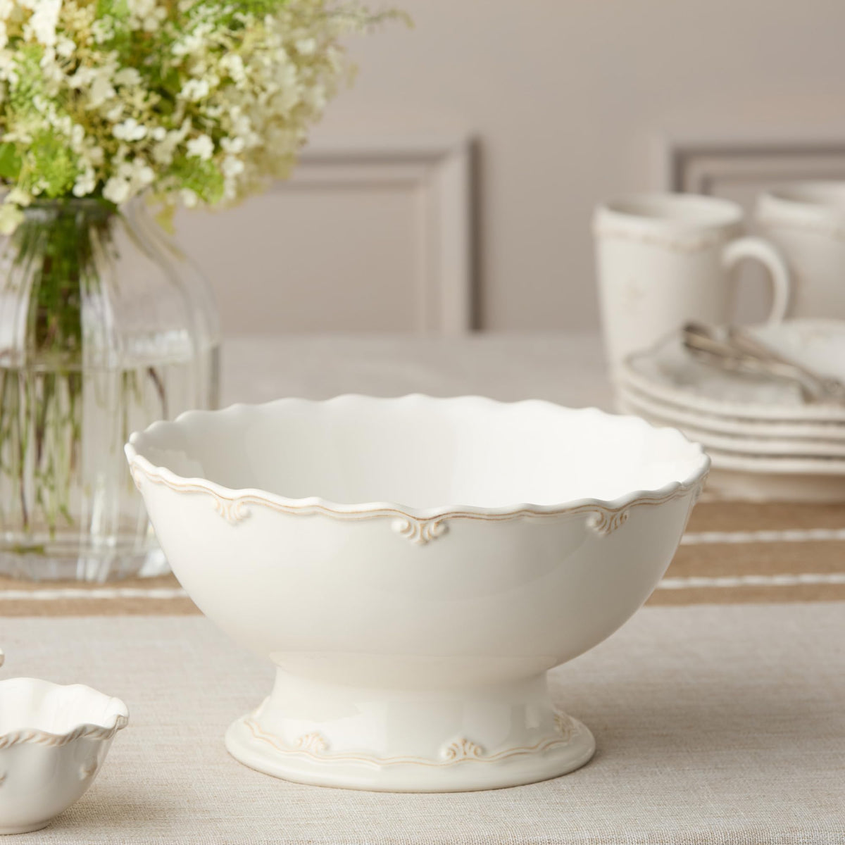 Heritage Scroll Footed Deep Bowl - 80 oz Stoneware Serving Bowl with Pedestal Base & Sculpted Ivory Scroll Rim