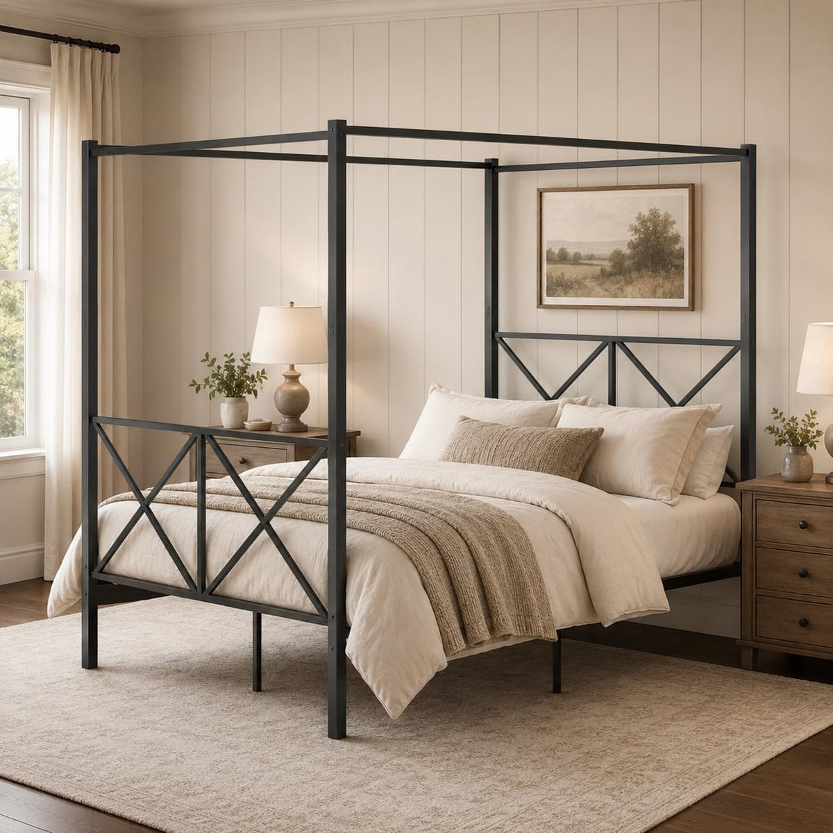 Canopy Bed Frame with Headboard & Footboard, Black Vintage Metal Canopy Platform Bed 14 Inch Platform, No