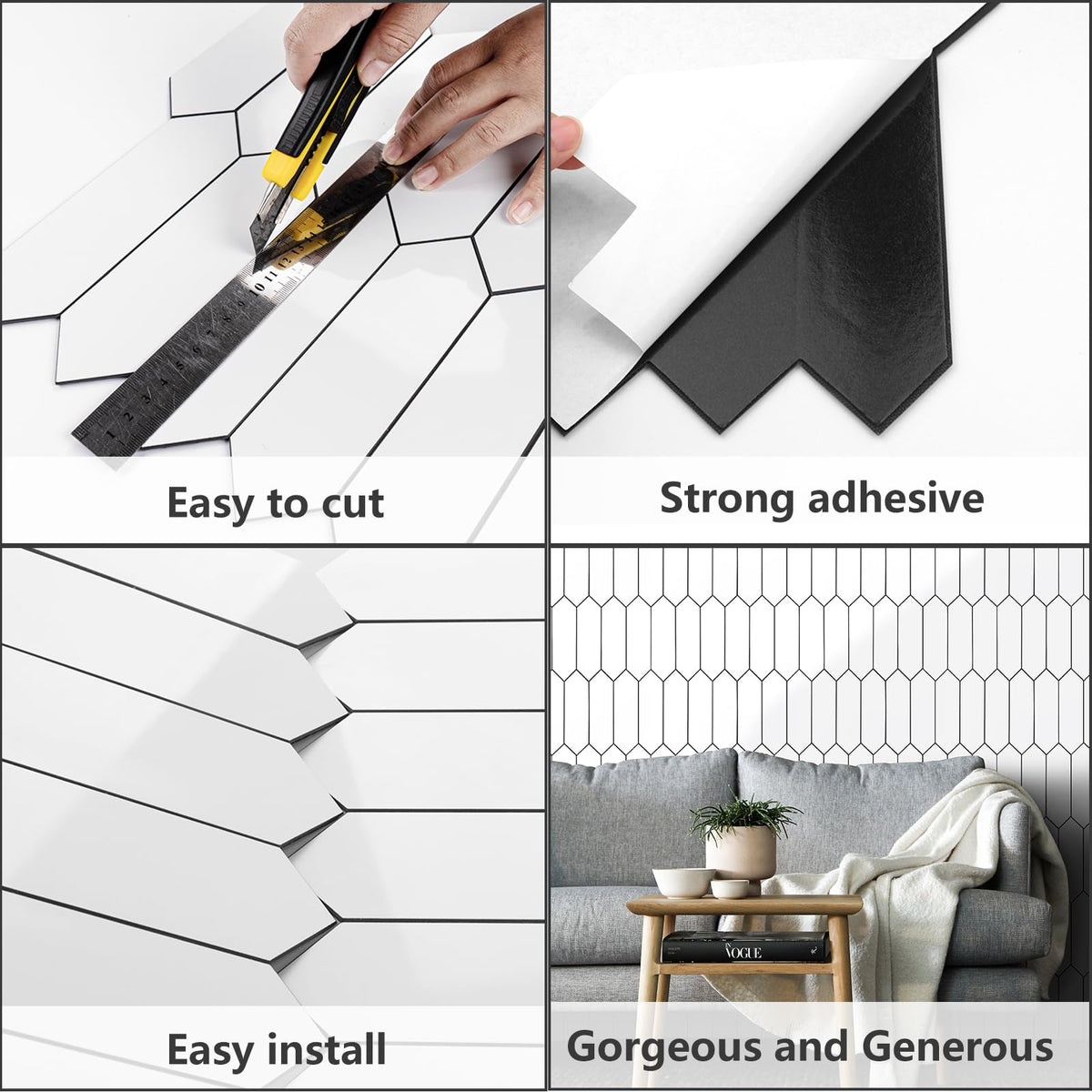 Glossy White Backsplash Tile Peel and Stick, 12.8 x 12.8 Inch 10 Sheets Long Hexagon PVC Self Adhesive Mosaic Wall