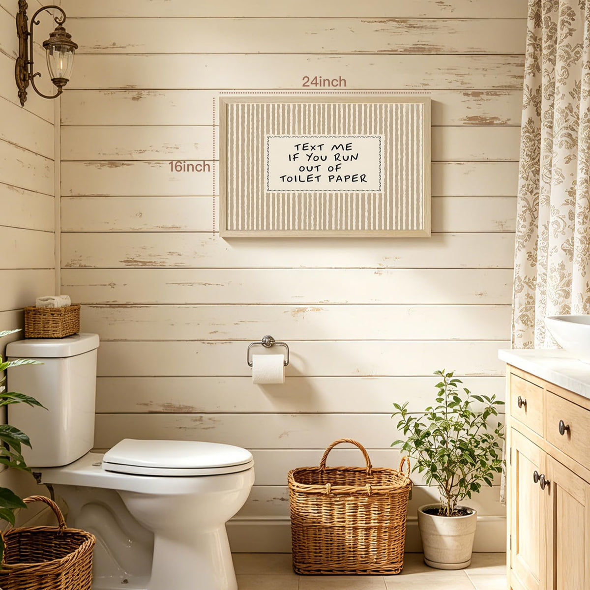 Wood Framed Funny Bathroom Wall Art, Text Me If You Run Out of Toilet Paper Quote Wall Decor, Minimalist Farmhouse