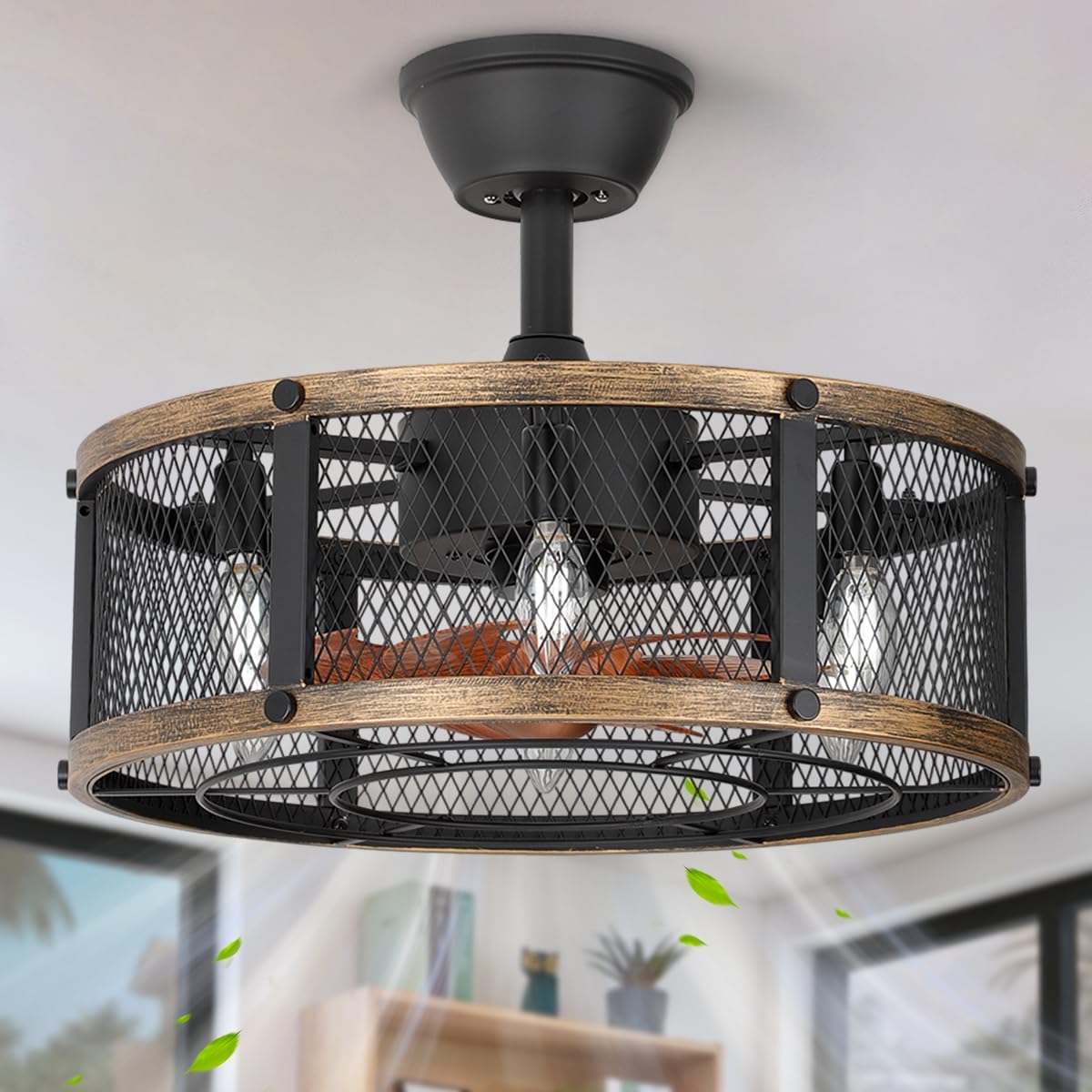 19" Caged Ceiling Fan with Light & Remote