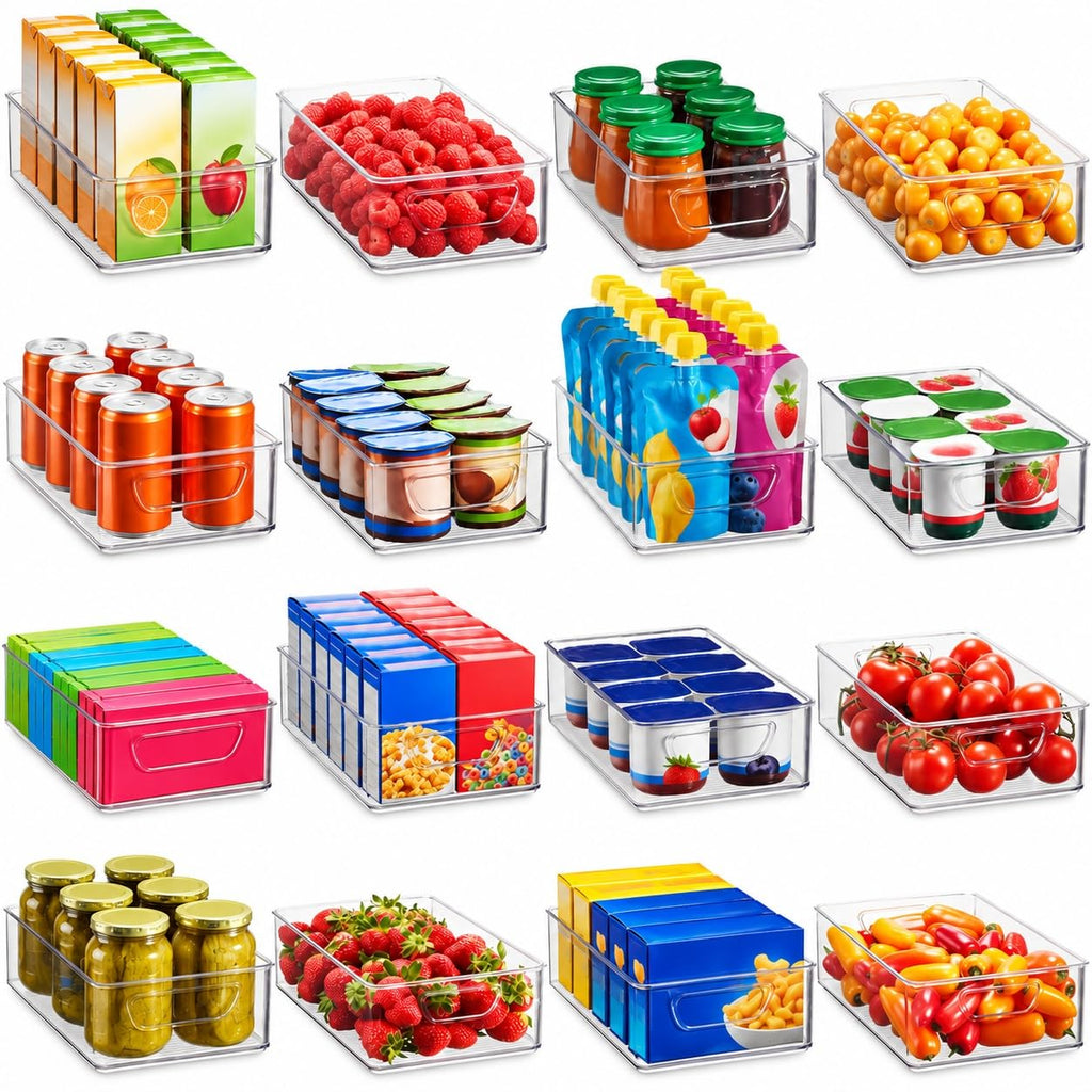 Set Of 16 Refrigerator Organizer Bins - Plastic Pantry Organization and Storage Baskets - Stackable Food Fridge