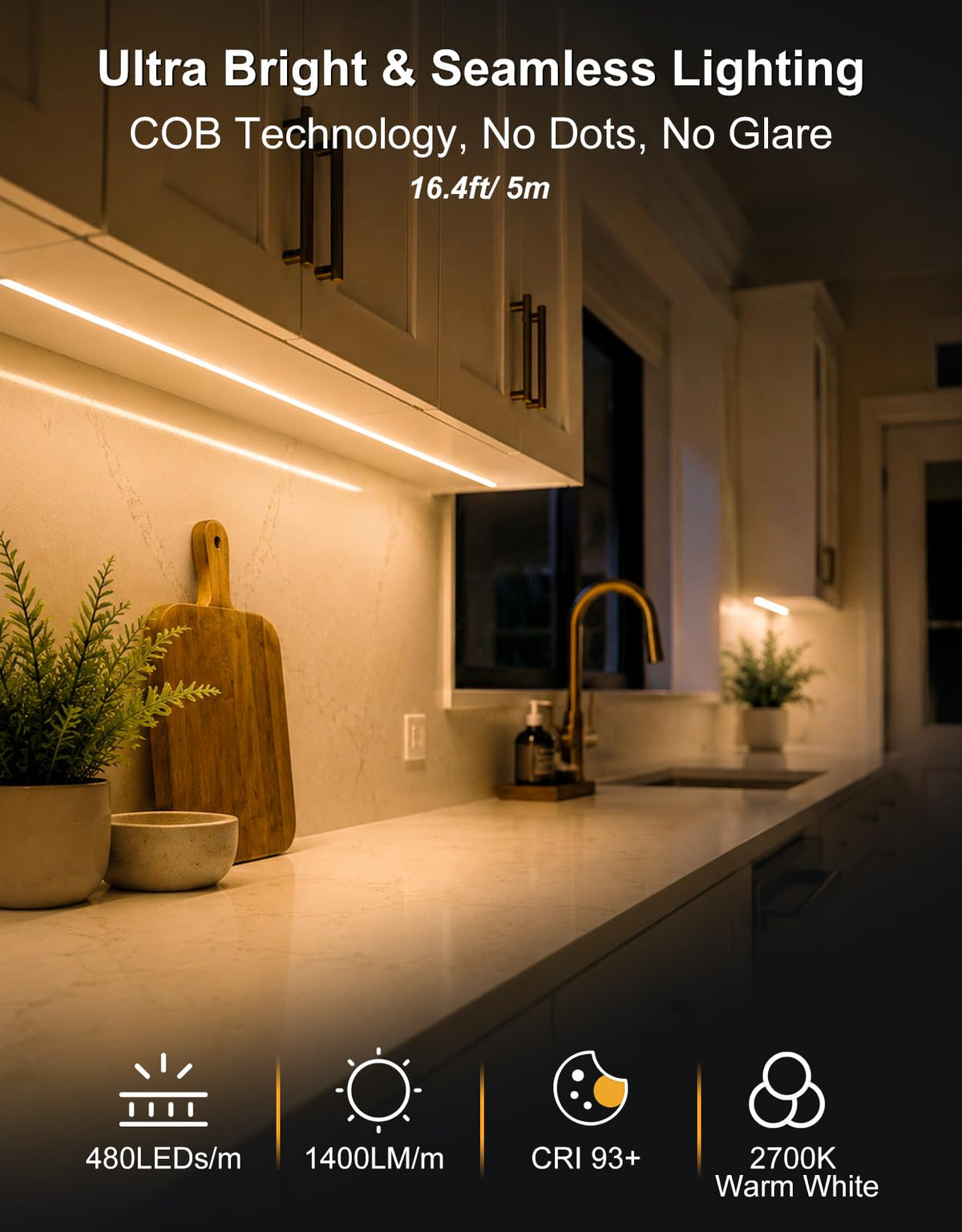 Under Cabinet LED Lighting kit, Plug in 16.4ft COB LED Strip Lights