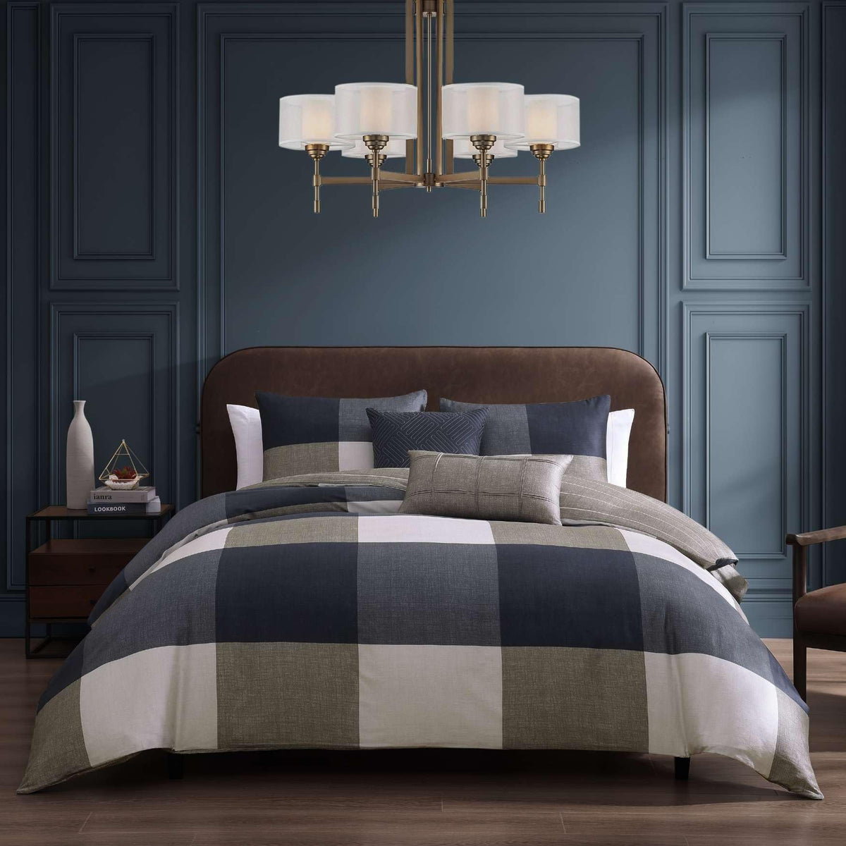Checkered Navy Tan 5 Piece Reversible Comforter Set