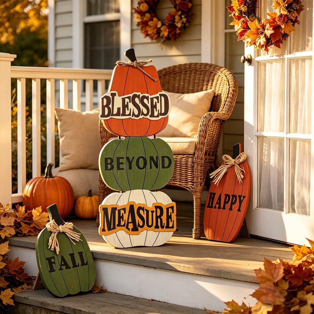 Outdoor Fall Decorations, 3 Pack 24.8" Pumpkin Wood Porch Standings with HAPPY FALL Lettered for Fall Decor, Welcome
