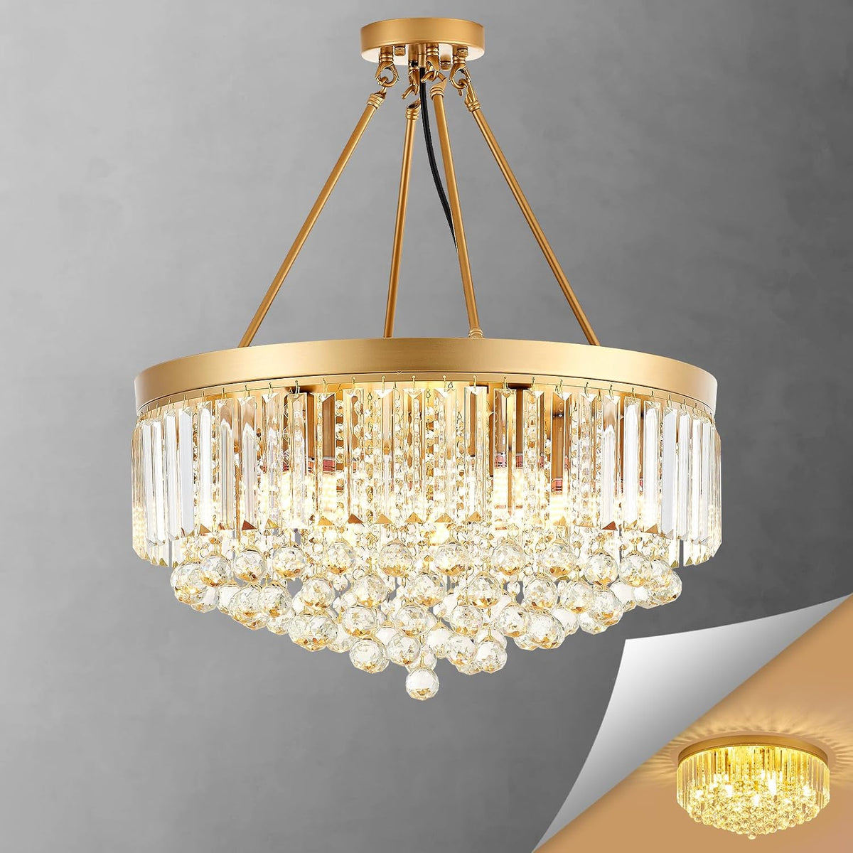 22 Inch Nine-Light Gold Crystal Chandelier, Contemporary Style