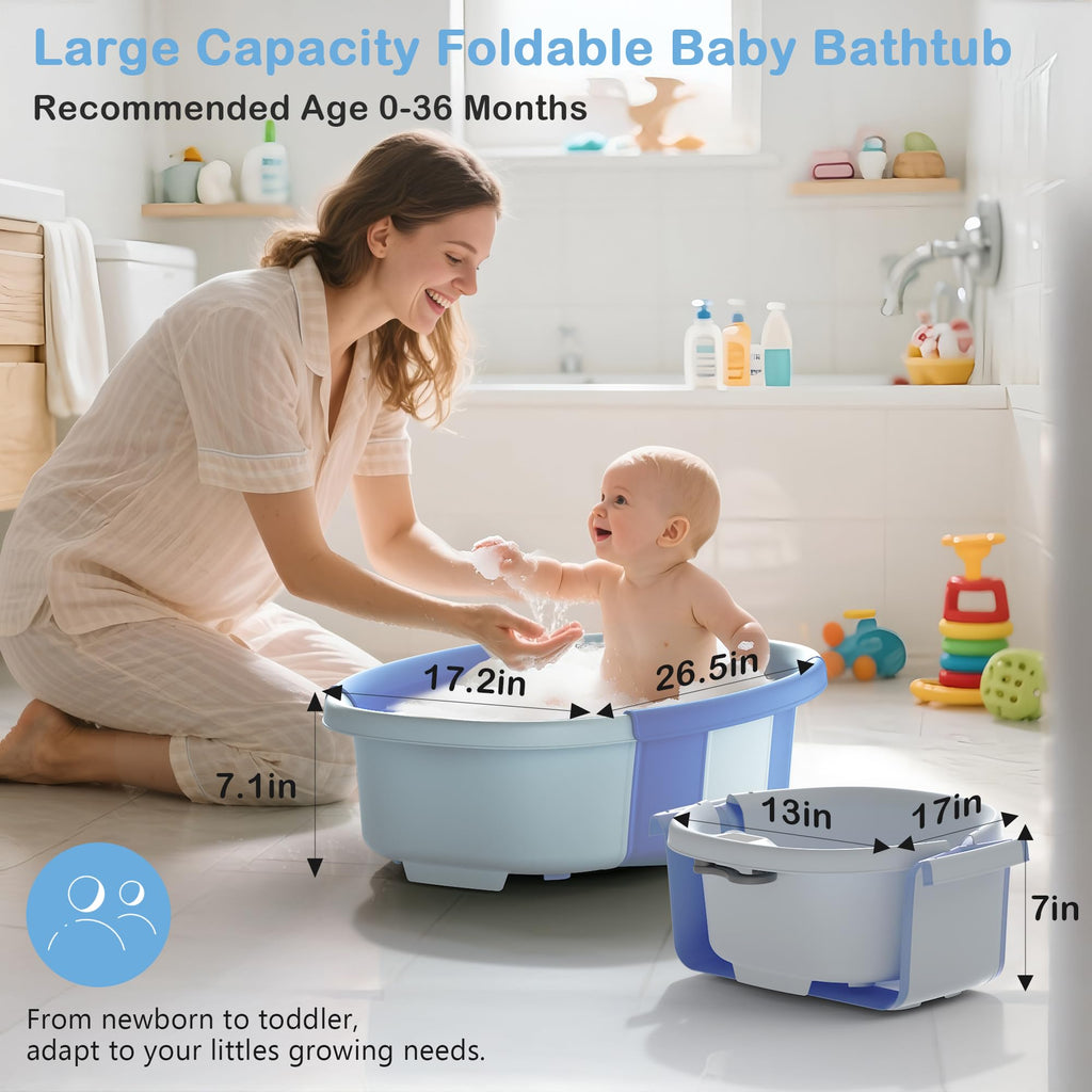 Collapsible Baby Bathtub - Large Baby Bath Tub with Thermometer & Cushion | Travel Portable Newborn Infant Bathtub