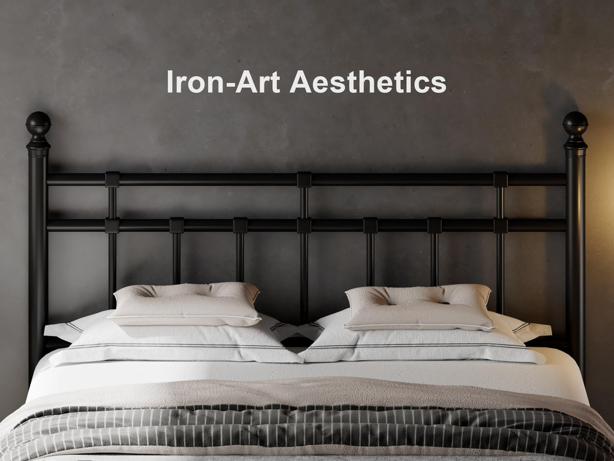 Metal Platform Bed Frame with Victorian Classic Iron-Art Headboard & Footboard, Steel Slats Support, 12" Under