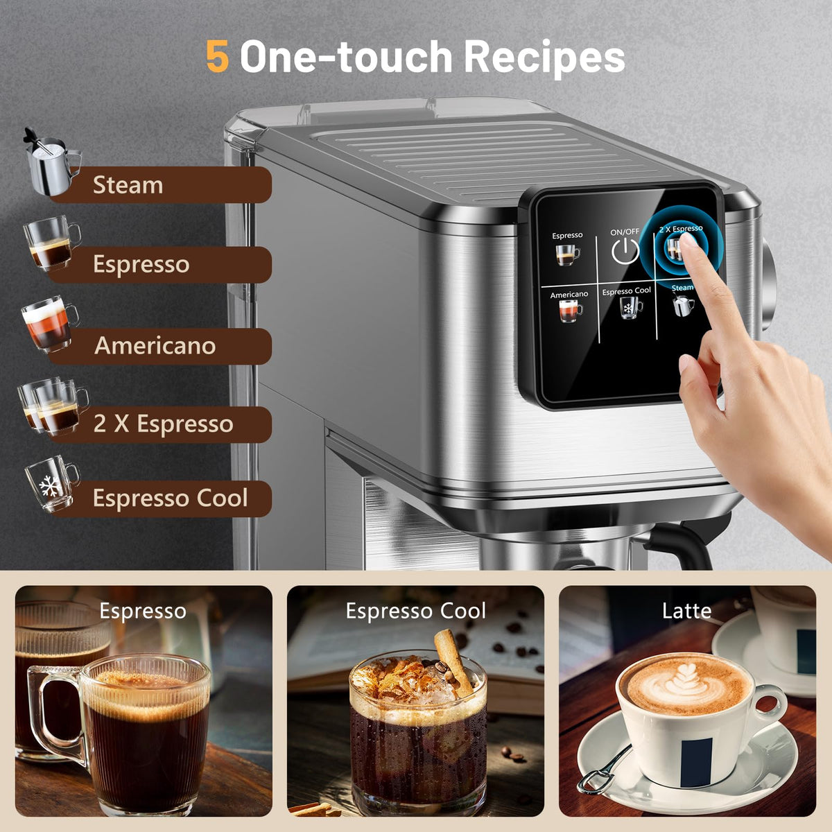 Espresso Machine, 20 Bar Espresso Maker Milk Frother & LCD Panel, Hot & Iced with Rapid Cold Brew, Stainless Steel
