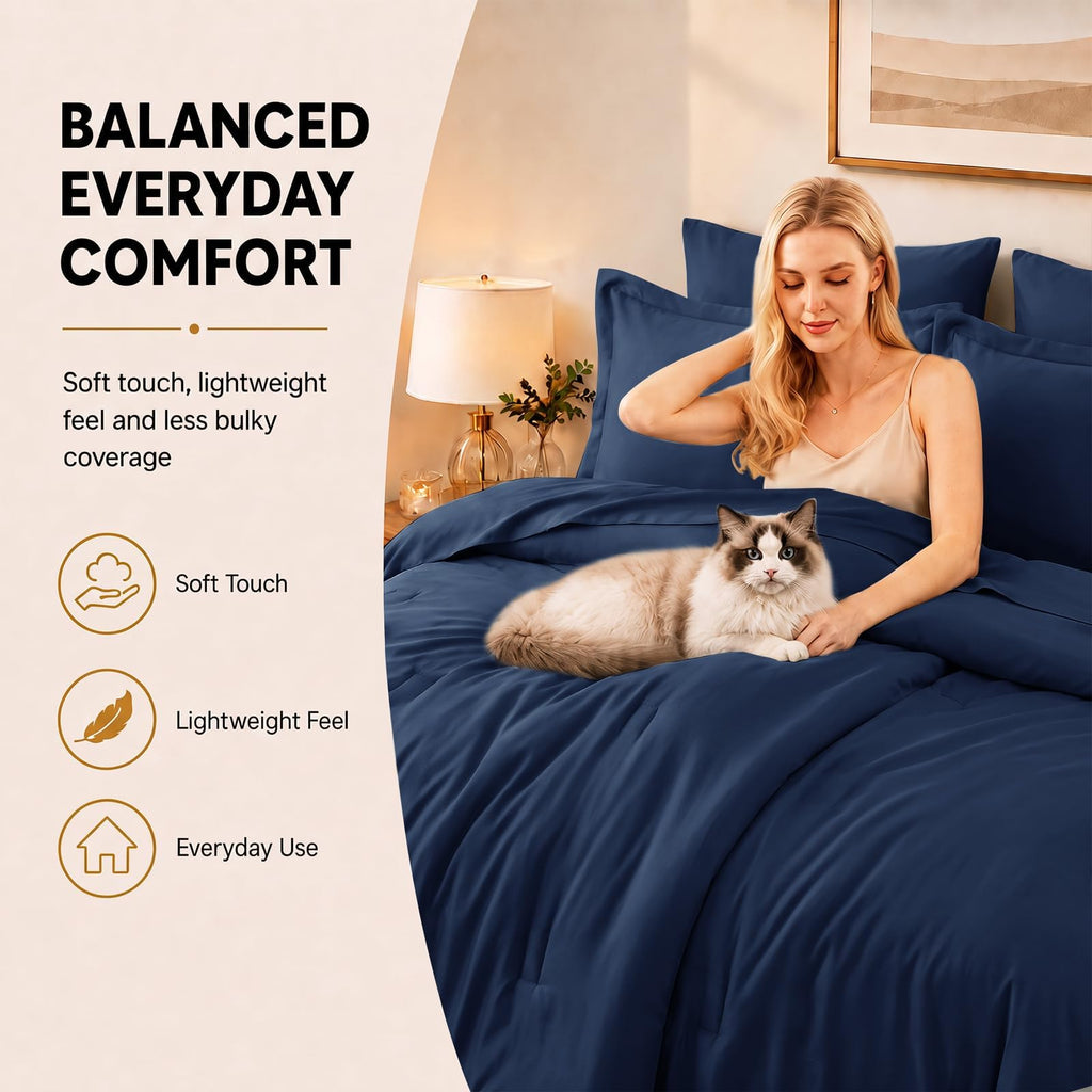 Oversized Comforter Set Navy, 7 Pieces Bed in a Bag