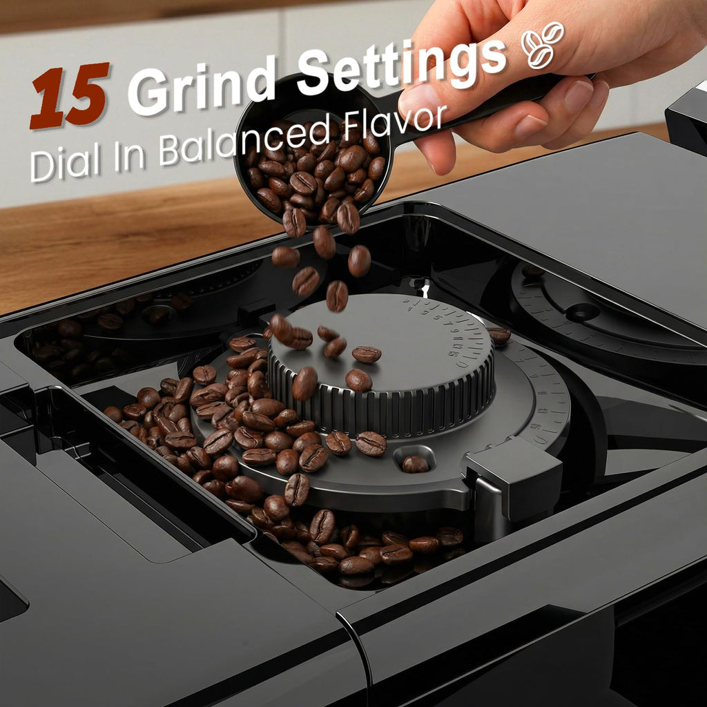 Fully Automatic Coffee Machine, 20 Bar Automatic Espresso Machine, Coffee Maker with Grinder for 15 Settings, Auto