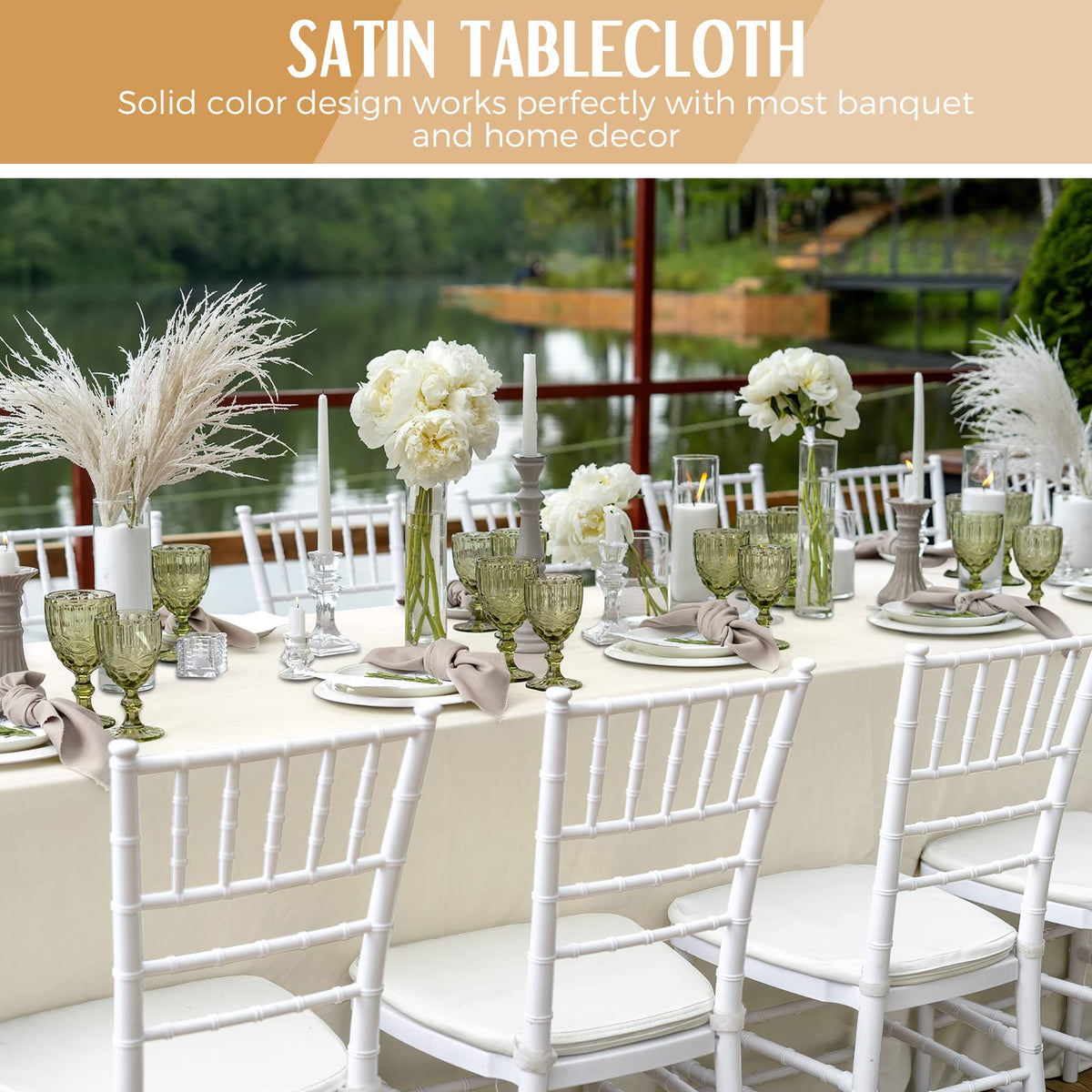 8 Pack Wedding Satin Tablecloth 102 x 58 in Rectangle, Ivory