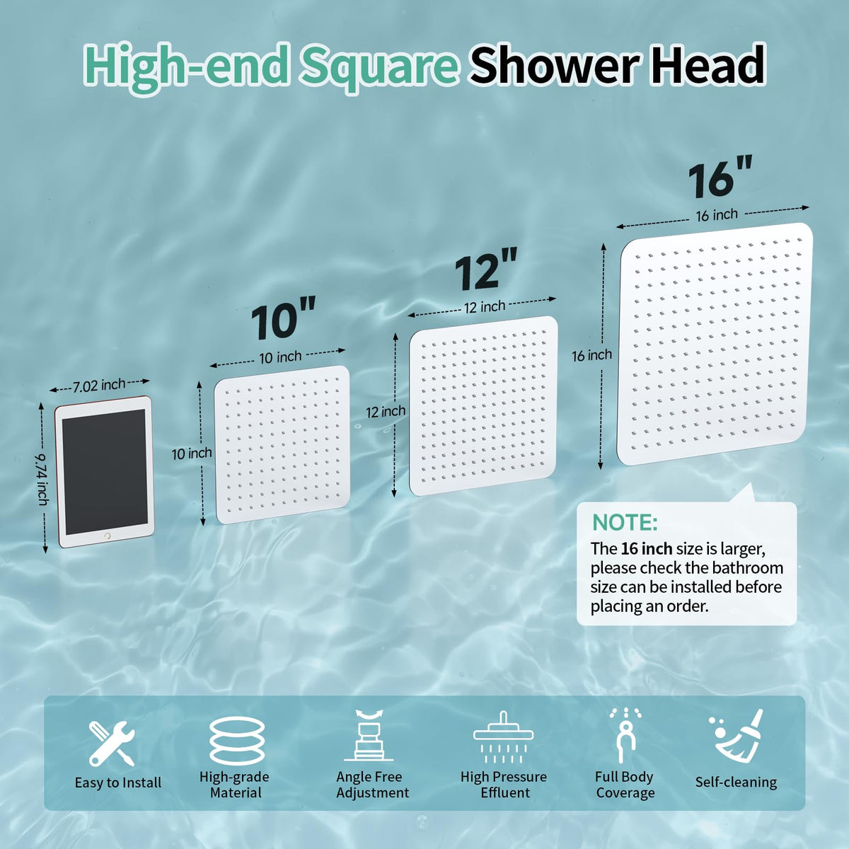 Luxury 10 Inch Large Square Stainless Steel Shower Head High Pressure Rainfall Showerhead Ultra Thin Water Saving