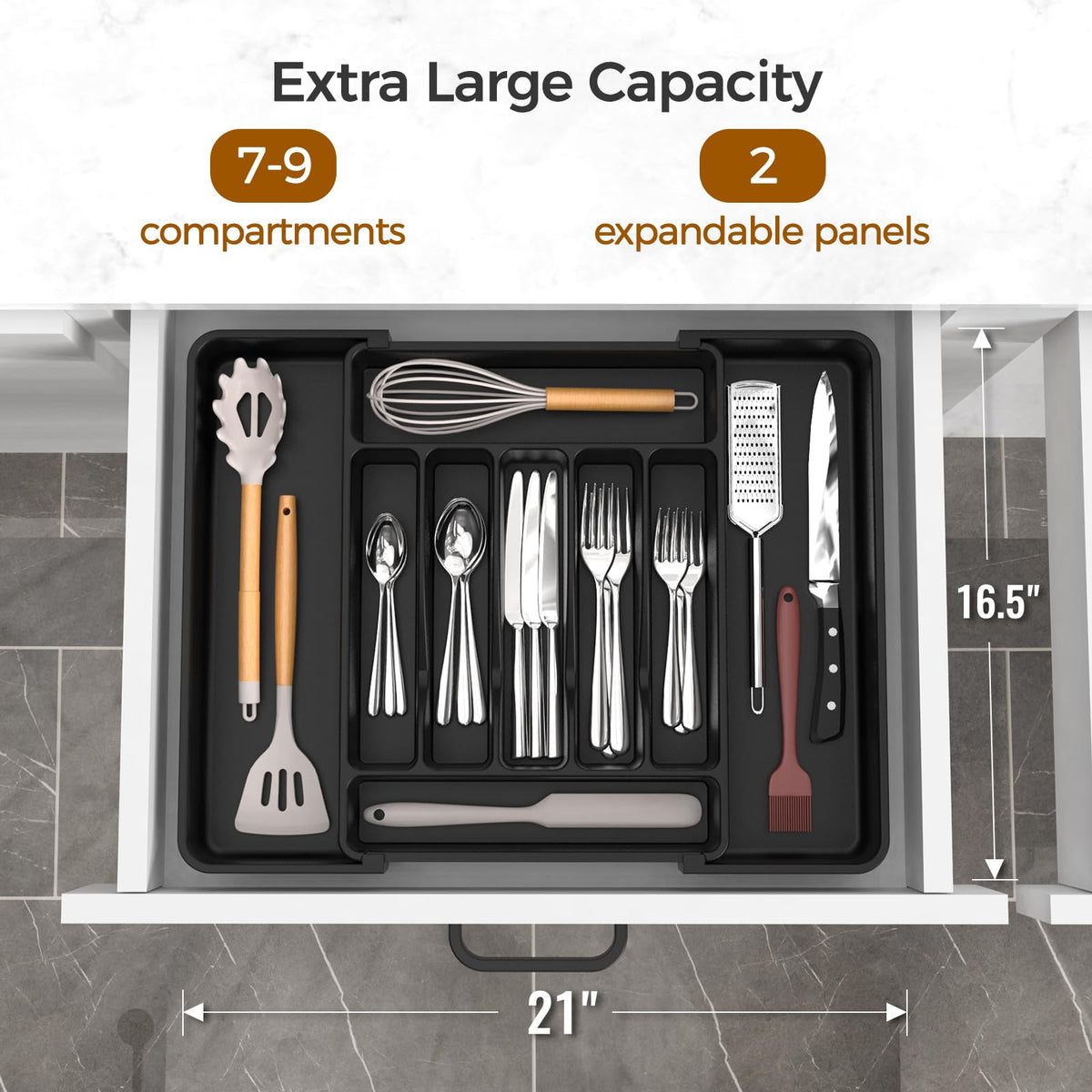 Extra Large Expandable Silverware Organizer, Flatware Tray, Black