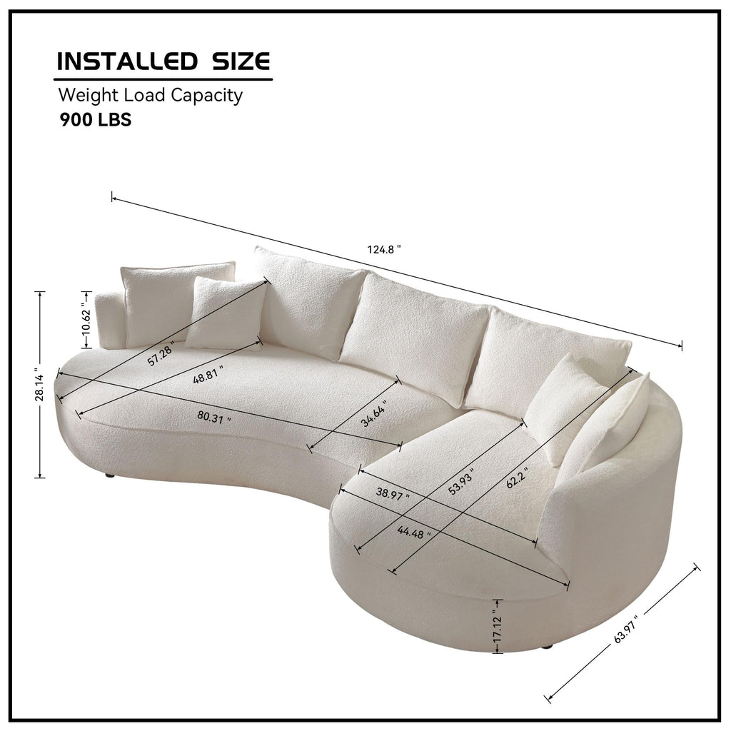 124.8" Boucle Curved Sofa Cloud Couch, Modern Curved Upholstered Sofa with Pillows, 3-Seat Sofa Couch Apartment