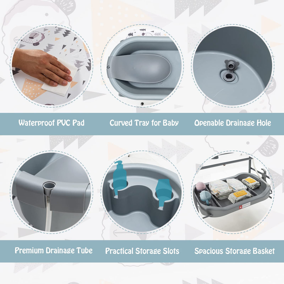 JOY Baby Bathtub with Changing Table, Foldable Infant Diaper Changing Station with Storage Tray, Waterproof Pad