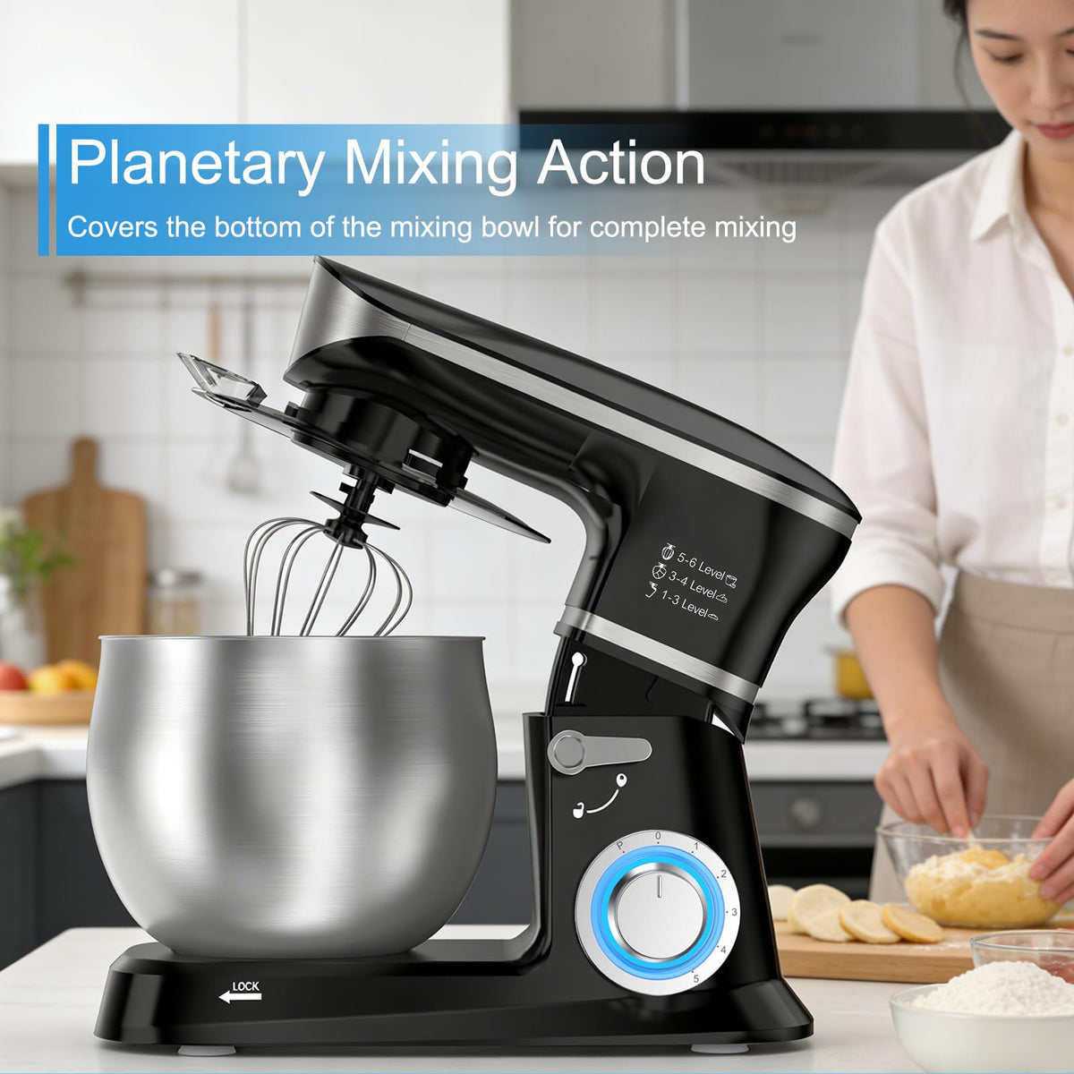 Electric Stand Mixer, Kitchen Mixer 6.5-Quart Tilt-Head, 6 Speeds with Dough Hook, Whisk, Beater, and Splash Guard