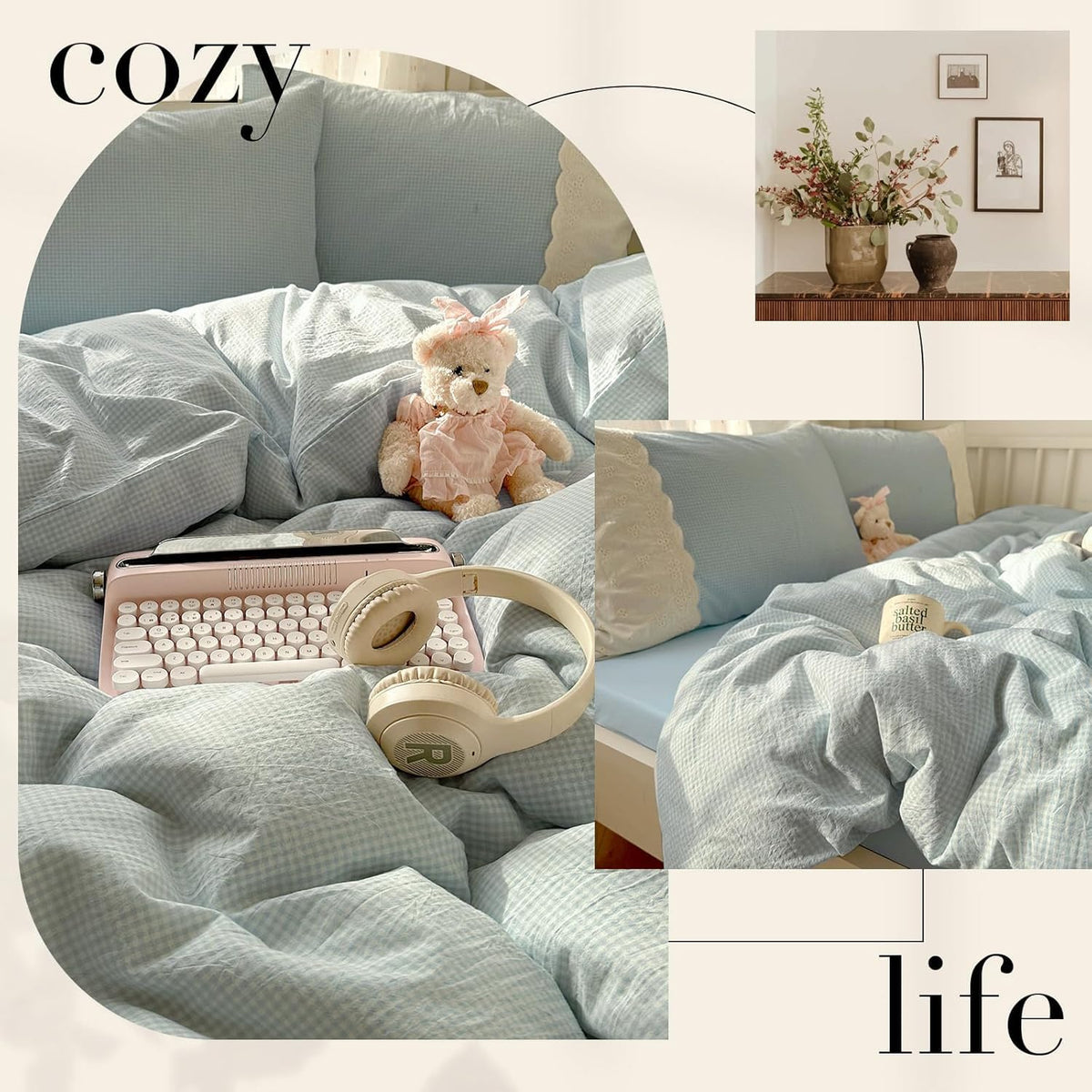 Light Blue Gingham Comforter Set - 3 Piece Soft Washed Microfiber Plaid Bedding Set with Lace Trim, All Seasons