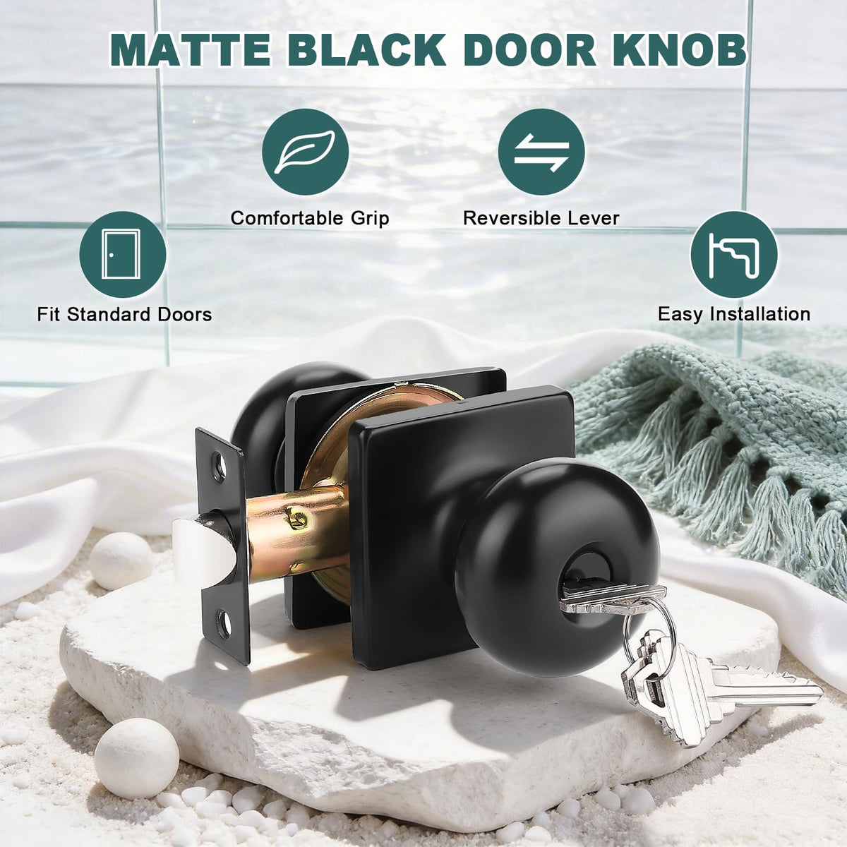 Keyed Alike Entry Door Knobs with Lock and Keys, Matte Black Entry Door Lock Sets for Exterior & Interior Doors