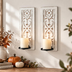 Whitewashed Wood Wall Candle Sconces Set of 2, Floral Design