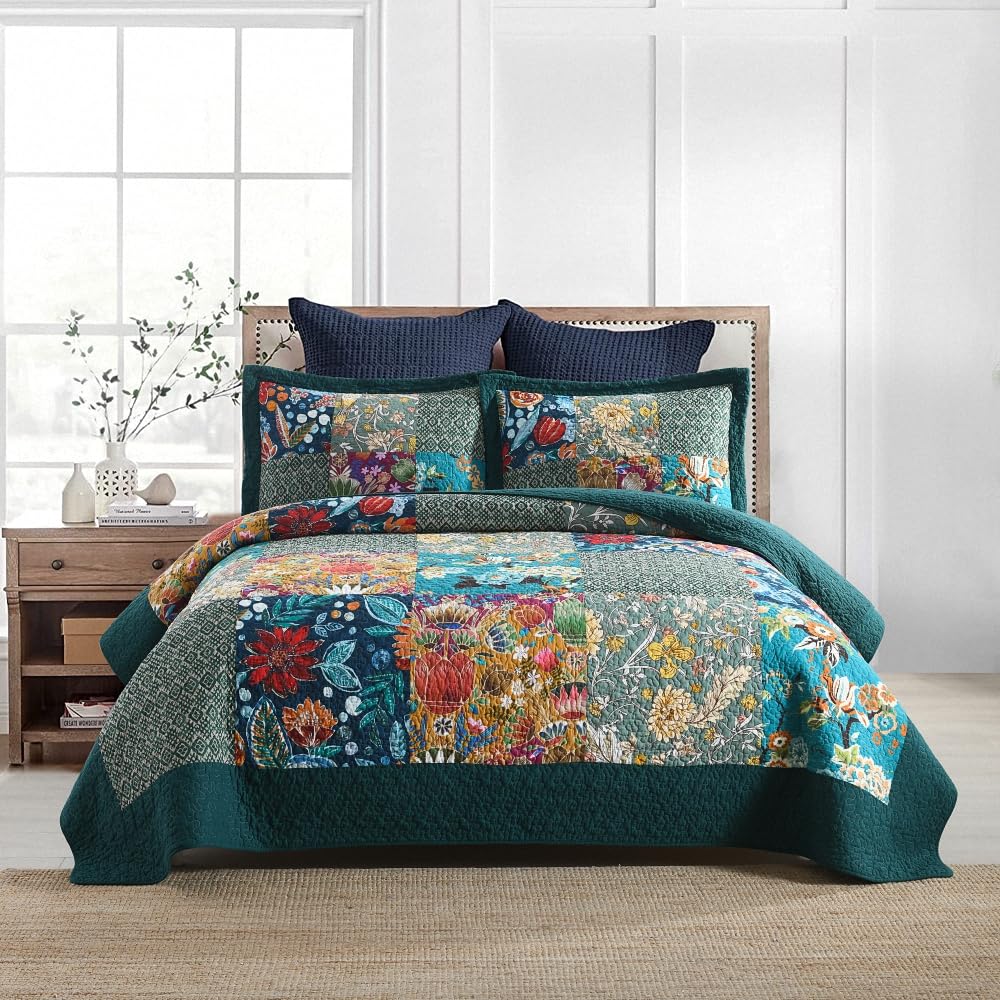 Cotton Bedspread Quilt Sets Reversible Bedding Coverlet Sets Comforter, Vintage Floral Patchwork Turquoise Bedspread