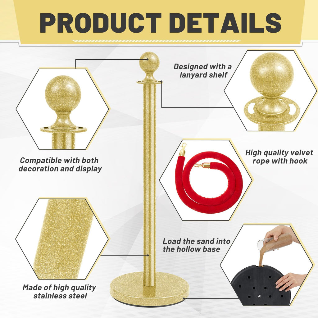 4 Pcs Stainless Steel Stanchion 38 Inch, Velvet Rope, Glitter Gold