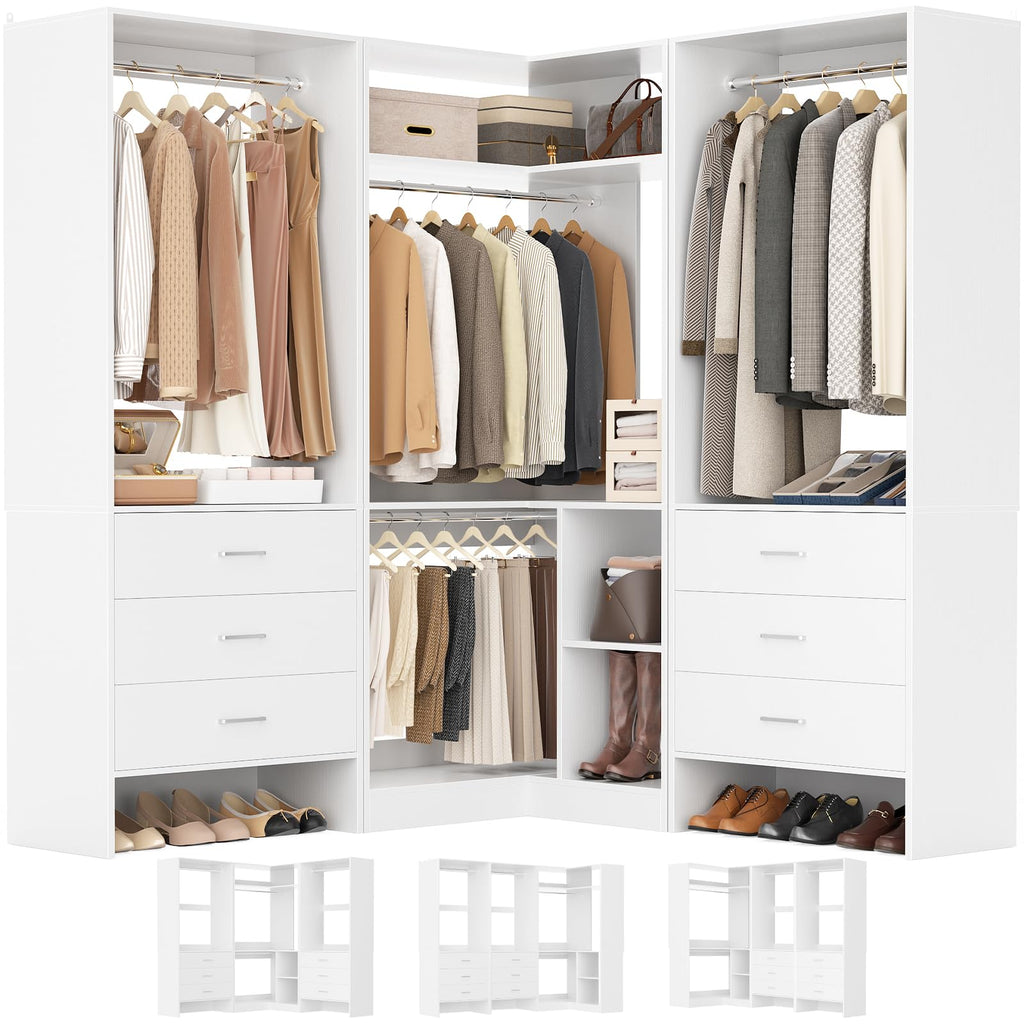 Closet System with 6 Drawers, 4 Hanging Rods & Corner Tower, Corner Closet System with Hanging, 76.5" L-Shaped