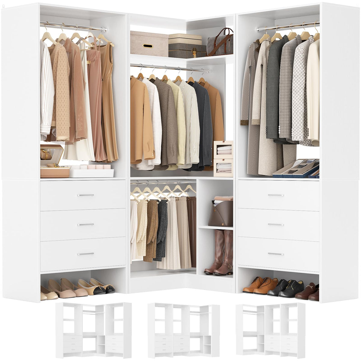 Closet System with 6 Drawers, 4 Hanging Rods & Corner Tower, Corner Closet System with Hanging, 76.5" L-Shaped