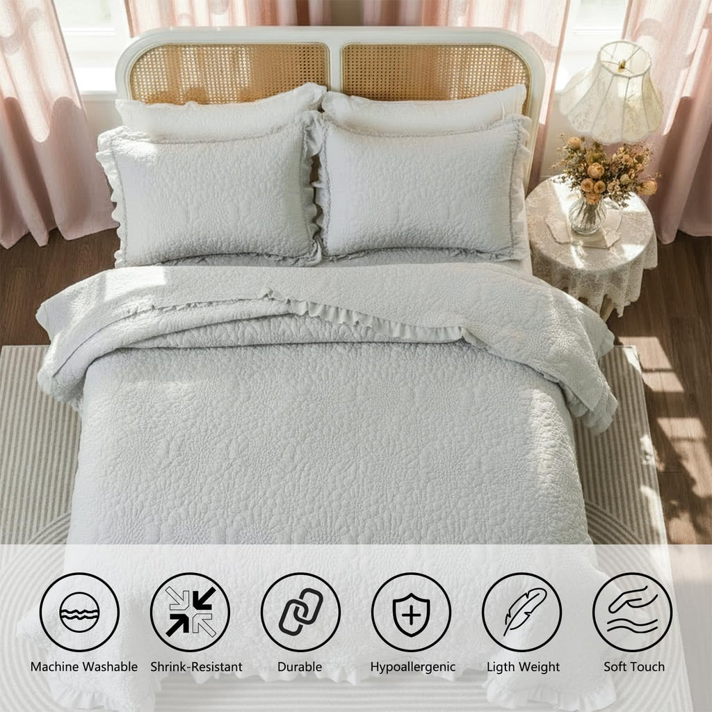 Dark Grey Farmhouse Quilt Set, Ruffled Stone-Washed Bedding